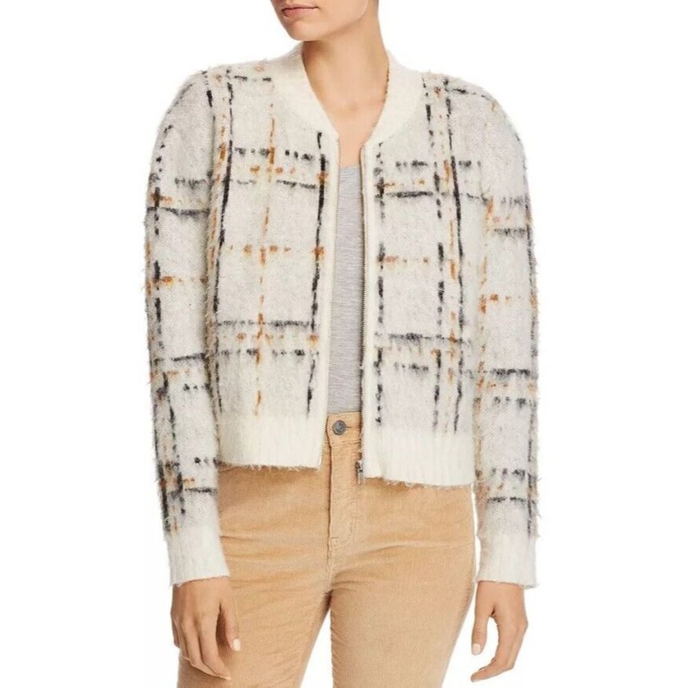 NWT CURRENT/ELLIOTT The Bets White Plaid Mohair Bomber Sweater Jacket, Size 0 - Picture 1 of 13